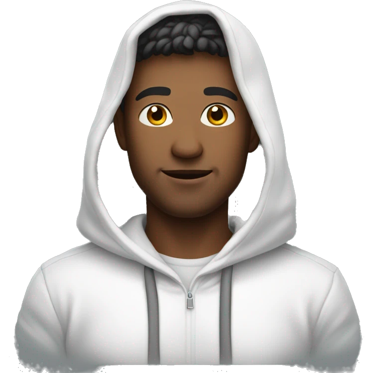 An emoji of a handsome man wearing a white hoodie, with the hood down, showing his hair, and standing confidently with a relaxed expression emoji