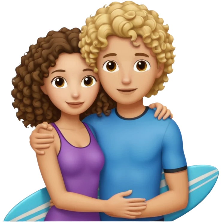 Curly haired brunette hugging blond surfer dude emoji