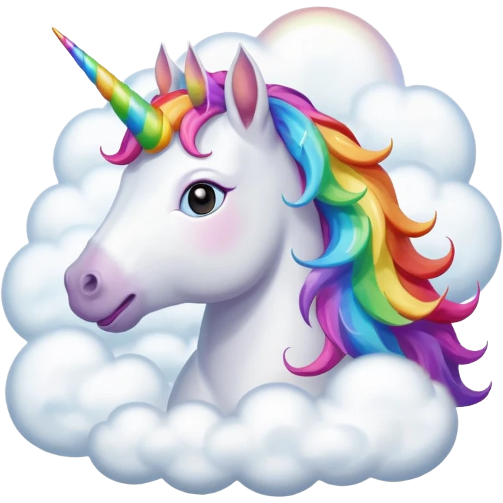 A unicorn flying through clouds, smiling dreamily, portrait, bust up emoji
