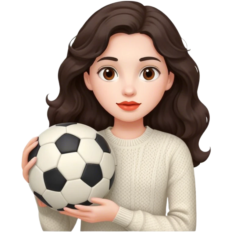 pale girl with wavy, long dark brown hair and dark brown eyes, coral-colored lip, Holding a soccer ball, Wearing ivory knitwear with no graphics or pattern emoji