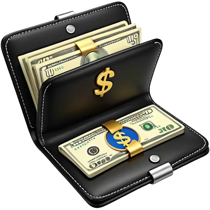 Rich emoji style black leather wallet with dollar bills, luxury money vibe, premium 3D emoji, ultra clean, high detail, no background emoji