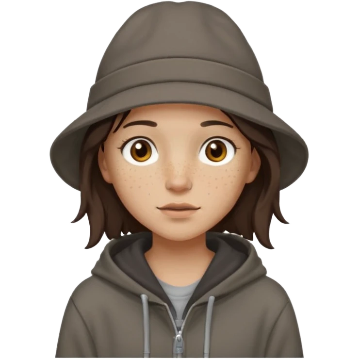Hobo tomboy with light skin, freckles, shoulder-length center-parted dark brown hair. brown eyes, dark dull brown hoodie, grey shirt. Flat brimmed hat emoji
