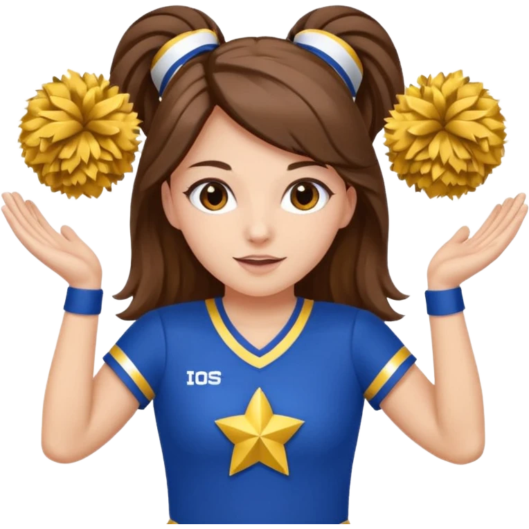 cheerleader with long brown hair and 2 pom poms blue and gold in each hand emoji