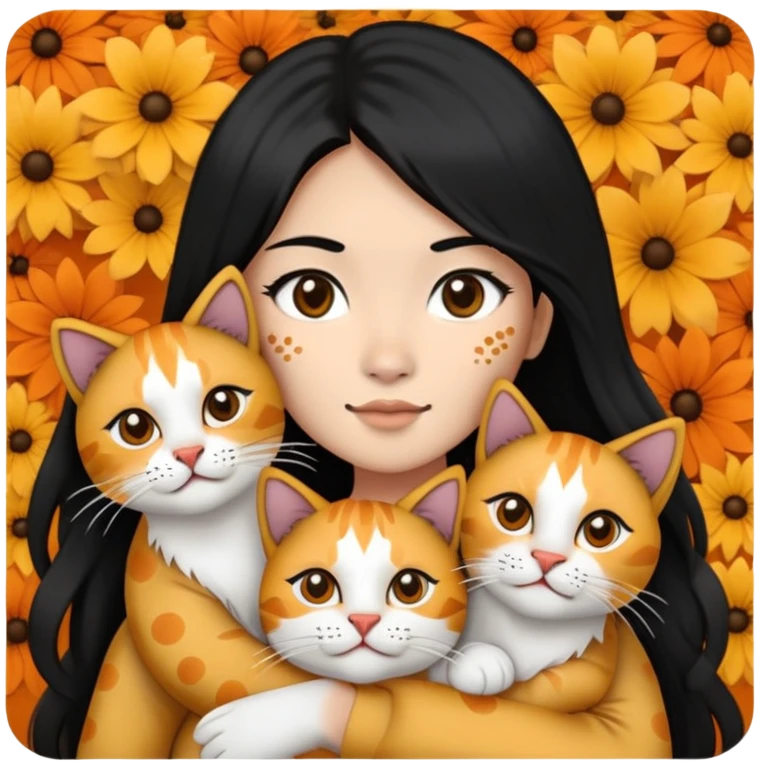 Help me make an emoii style picture of an Asian girl with long black hair holding two cats. A long haired black and white floral lion cat with a square open face and a black spot under the left side of her nose, and a short haired orange and white, cat with a square open face and orange spots spread around her nose and mouth. emoji