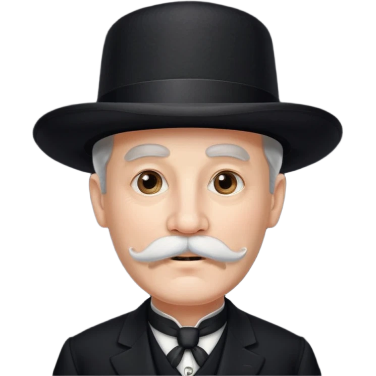 very big white moustachhe and typical 1900 black elegant clothes and hat . he is speaking emoji