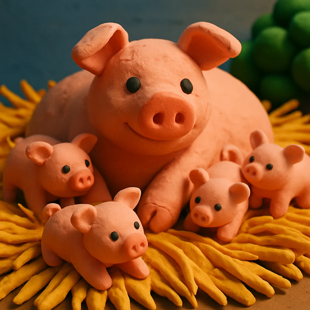 claymation style mother pig lying in straw with piglets around her, soft lighting, vibrant and cute emoji