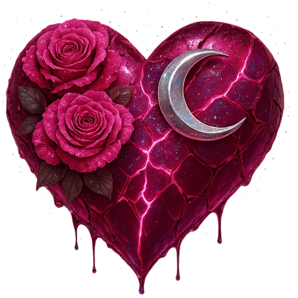 Edit the gothic heart to feature splintered deep pink glass, silver crescent moon, pink roses, holographic stardust, neon lightning, and a wet look. Keep the background transparent. emoji