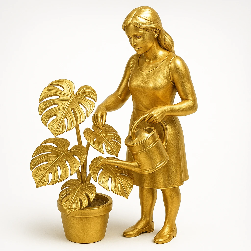 woman watering her monstera plant emoji