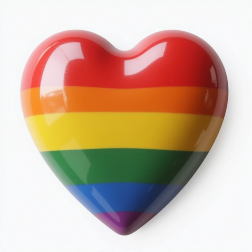 a realistic glossy heart with rainbow pride stripes, photorealistic style emoji