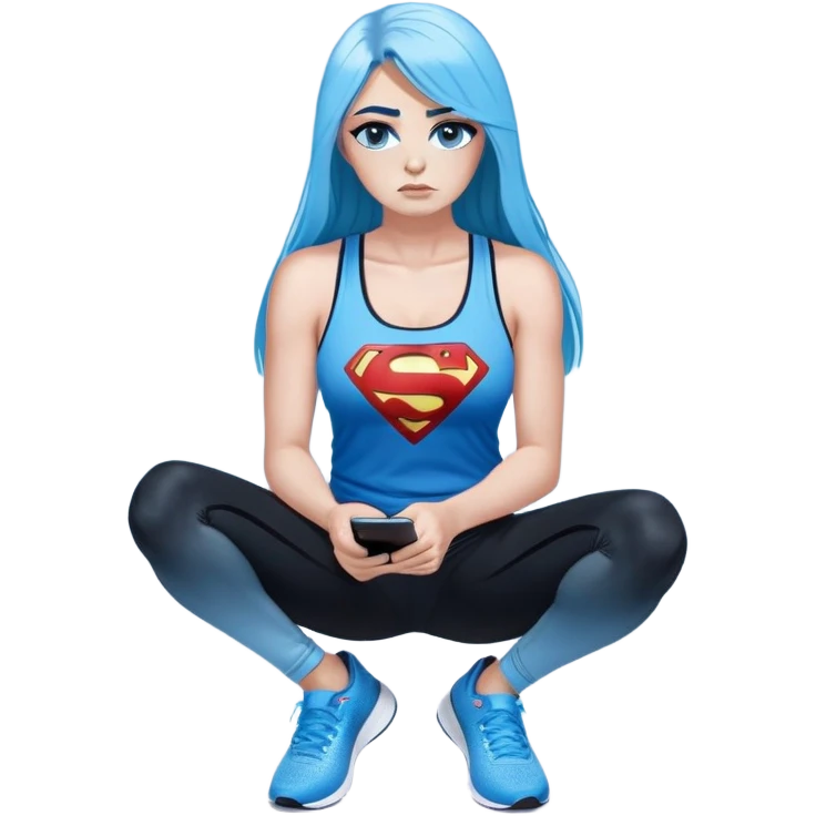 Shameful disappointed crying-very very very very big chest-texting on a samsung cell phone-very long straight flowing black to sky blue hair ombre-blue eyes-black eyeliner-long eyelashes-plastic sparkling sky blue very low cut tank top with sparkling superman logo-black leggings-nike sneakers emoji