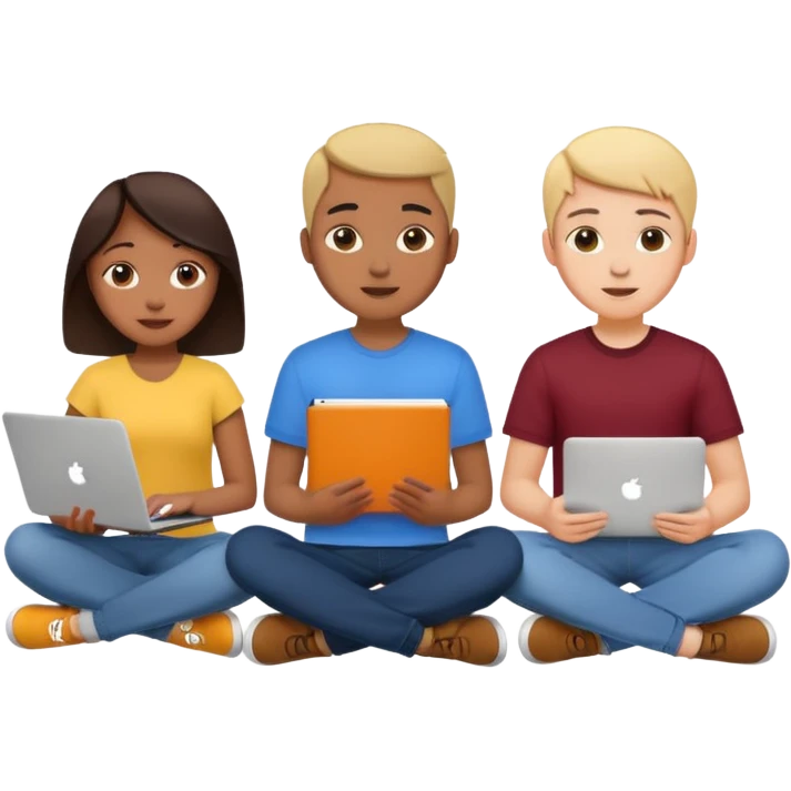 three design students sitting together with sketchbooks and laptops, creative emoji