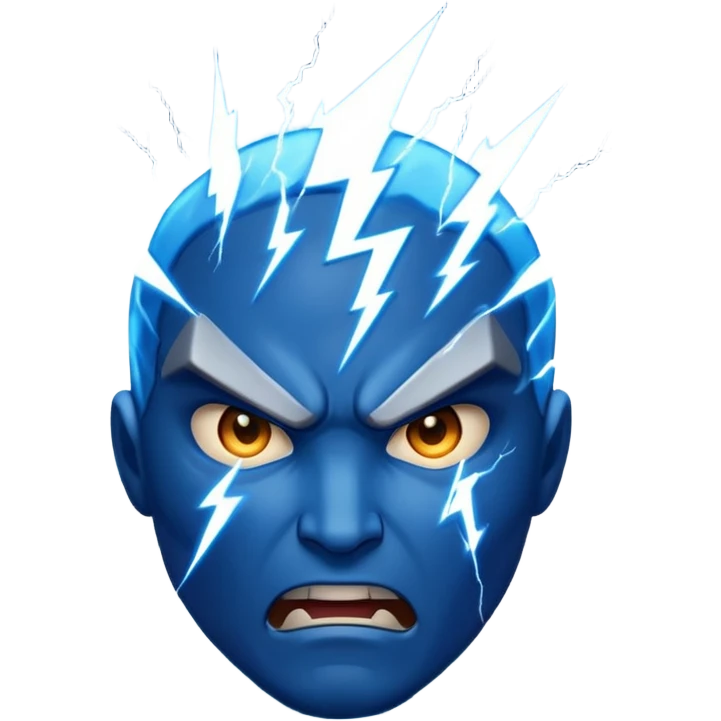 Rayos, centellas y estrellas en una cara color azul con expresiones de furia emoji