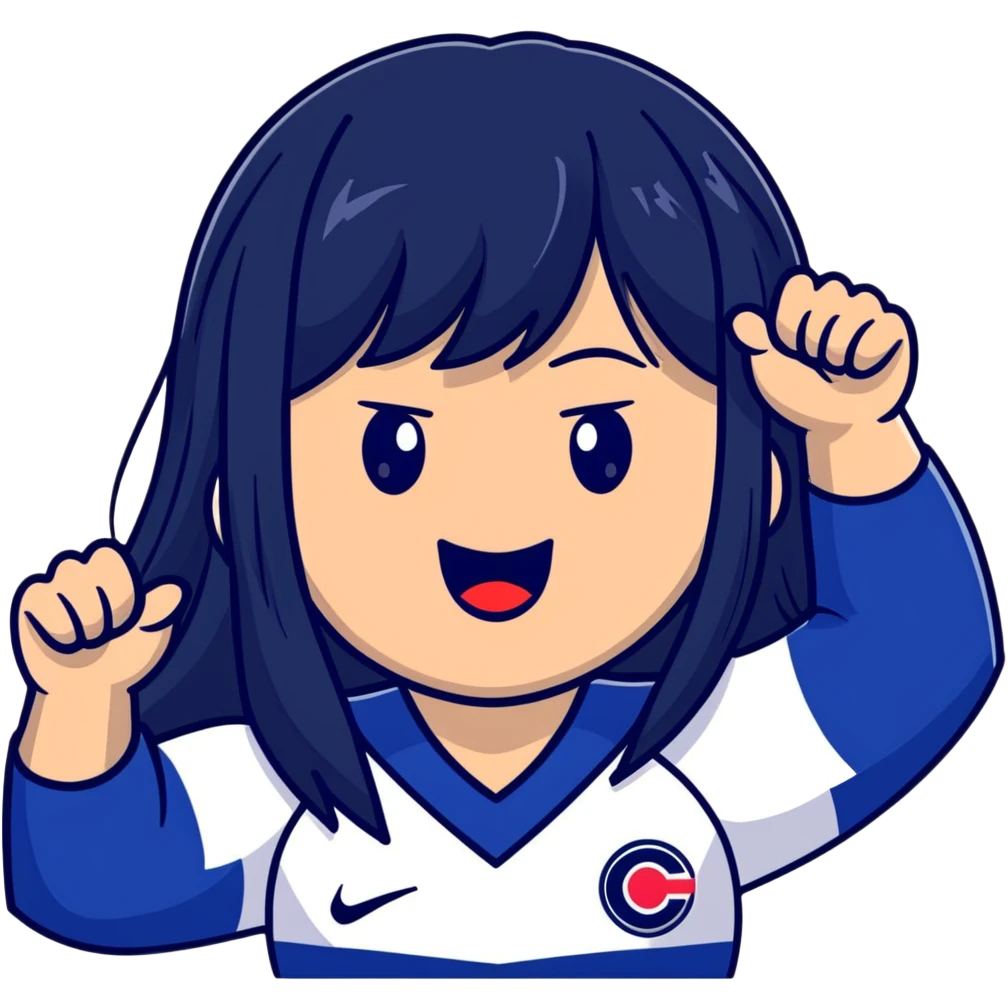 East Asian woman with long black straight hair and bangs wearing Doosan Bears team colors navy blue and red, cheering emoji