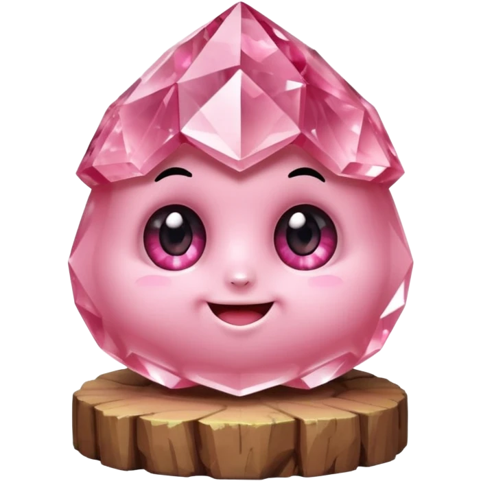 A single cute pink crystal cluster character, chunky round base with many tall rose-pink crystal quartz cluster, faceted and slightly imperfect, on the front of the base a kawaii face with big shiny eyes and a happy open smile very shiny emoji