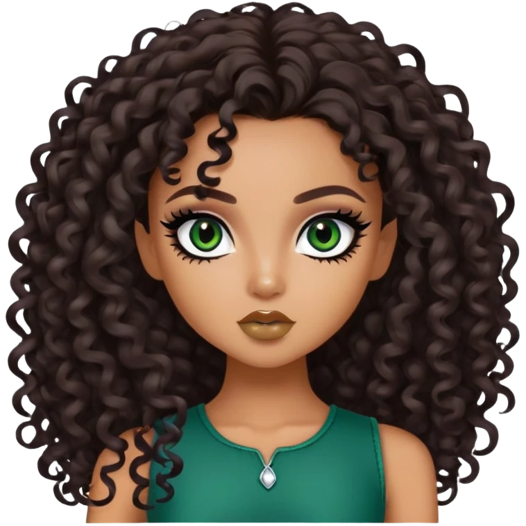 curly long dark brown hair, tan skin,  dark green iris, pretty bratz baddie, black eyeliner emoji