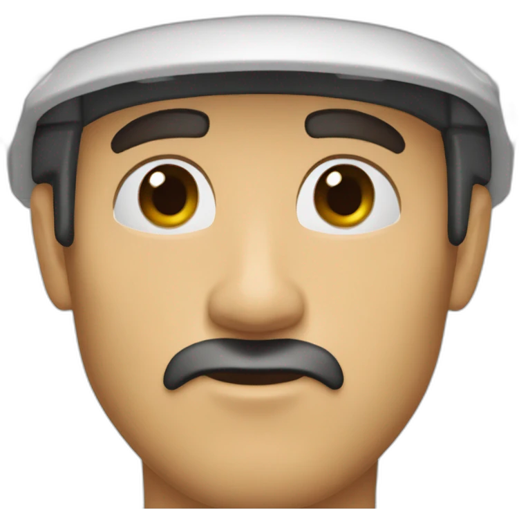 Man, thin face, dark brown beard, 10cm long, up to the nose, protruding ears, green eyes, beginning of unibrow, wearing black and red cap. emoji