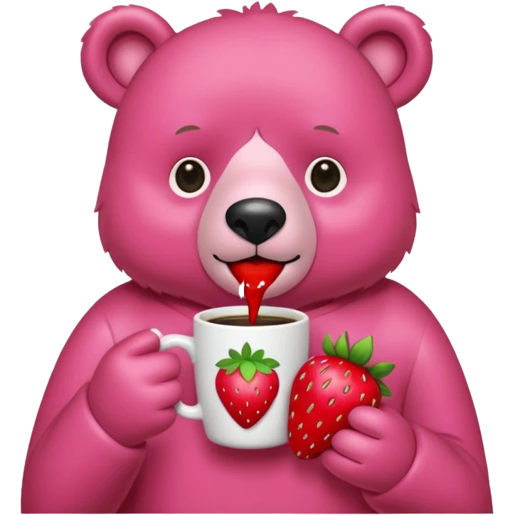 A pink bear is holding a strawberry and drinking coffee with a transparent background in a teenager hand-drawn style. emoji