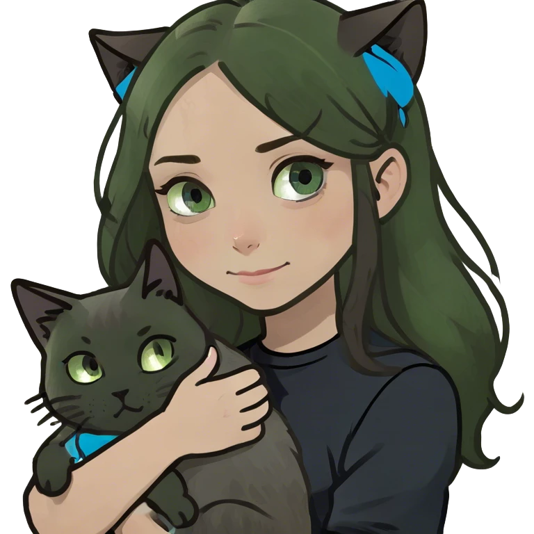 Girl with blue eyes and long brown hair and black shirt, holding a medium fluffy grey cat with folded ears emoji