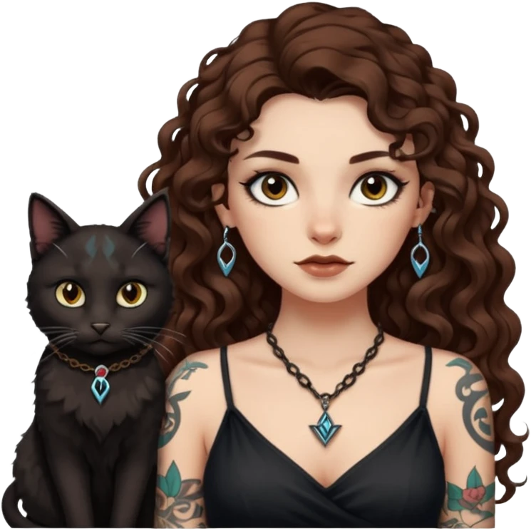 woman with long curly brown hair, brown eyes, white skin, tattoos, black cat wearing tiny rune necklace judging everyone emoji