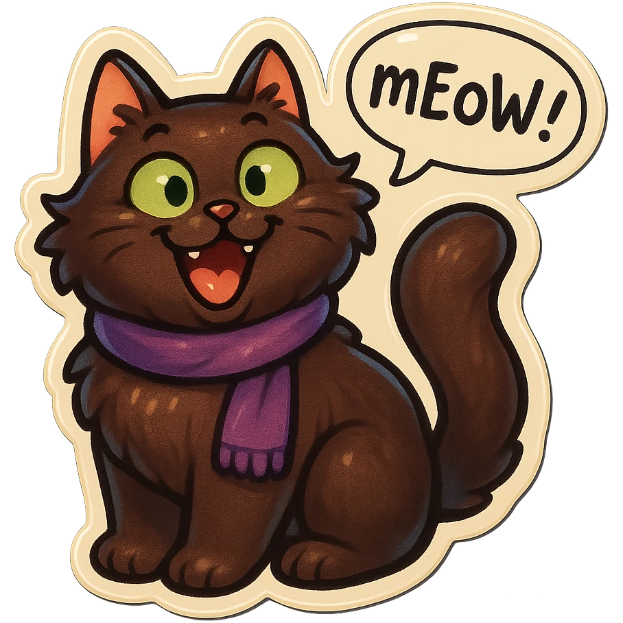 Fluffy cute derpy silly smiling happy funny dark-brown cat with green eyes and a purple scarf saying ‘mEoW~!’ (With a speech bubble) emoji