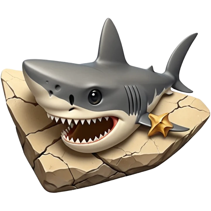 3D render of Shark Tooth, embedded in a chunk of rough sedimentary rock, cracked stone texture, ancient fossil aesthetic, shiny black enamel tooth embedded in beige sand, matte dry finish, Apple emoji style, isolated on white background --v 6.0 emoji