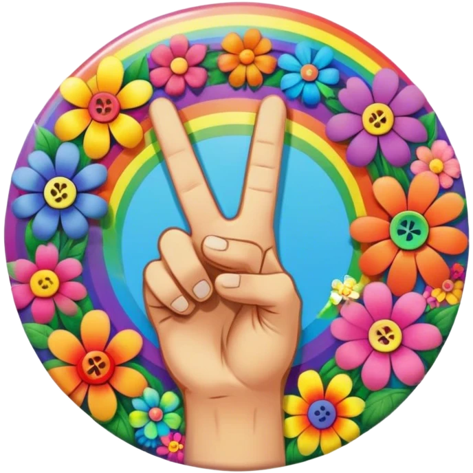 A round psychedelic colored button with a hand making the peace sign in the center surrounded by rainbow colored hippie style flowers emoji