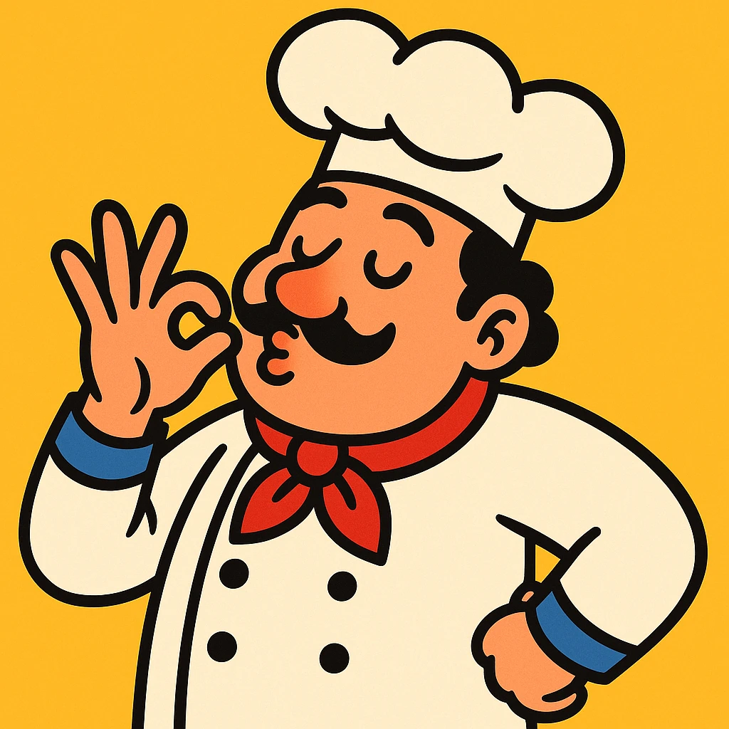 chef making a kiss gesture, fingers to lips, playful, cartoon style emoji