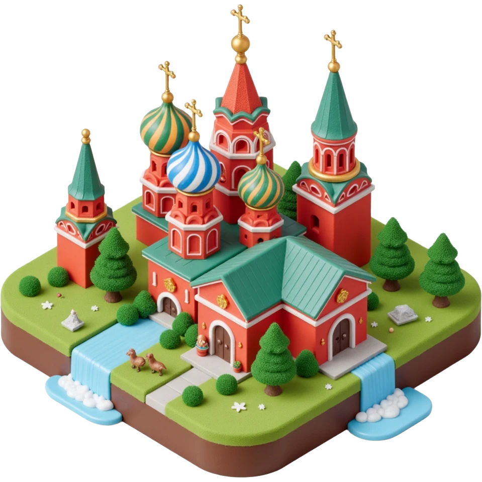 Isometric miniature 3D city with iconic landmarks of Moscow, colorful stylized buildings, cartoon realism emoji