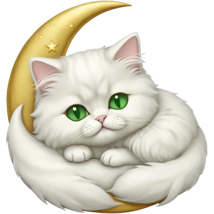 White Persian cat with green eyes sleeping on crescent moon  emoji