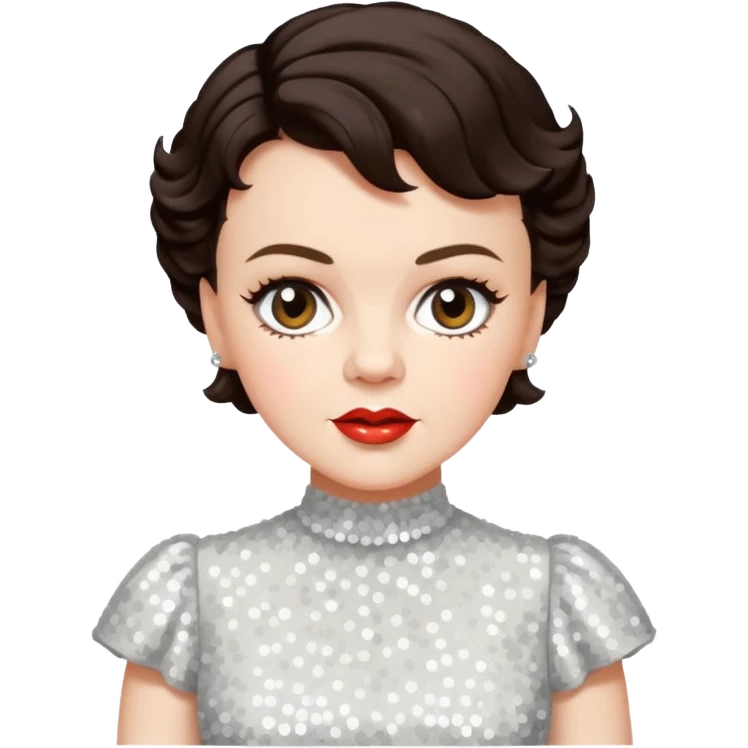 Judy Garland with short dark brown hair, white sequin dress emoji