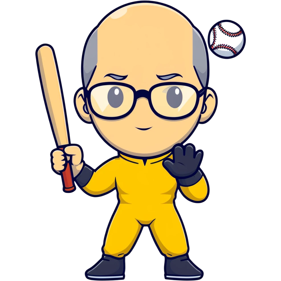 Steve Jobs with glasses and black turtleneck under Bruce Lee yellow jumpsuit, holding baseball bat and ball emoji