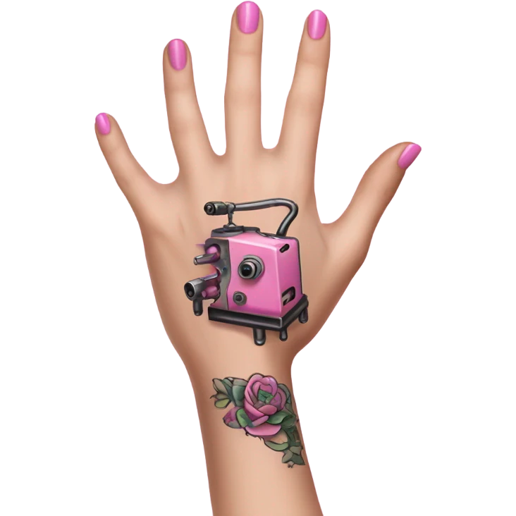 White girl hand with pink tattoos holding a tattoo machine emoji