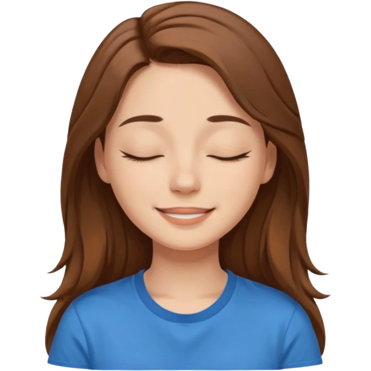 female face smiling with closed eyes with long brown hair and brown eyes in a blue t-shirt emoji