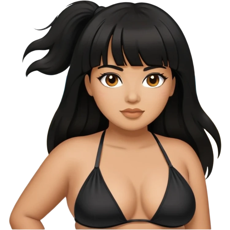 Latina female with bangs black long hair plus size in the beach with black bikini emoji