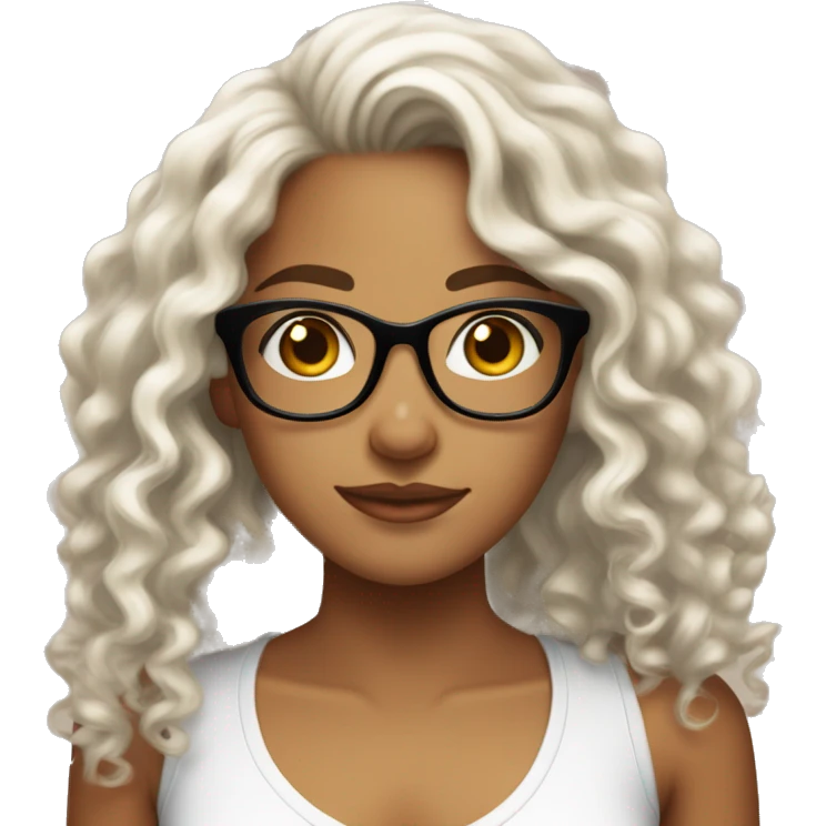 a girl, tan skin and long curly hair, pretty, with glasses and with a white tube top emoji