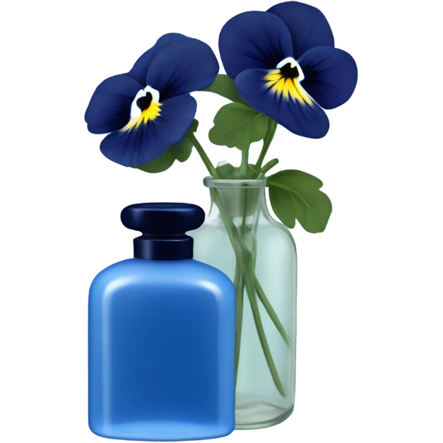 Decorative blue candle in a glass jar and in the back are navy blue pansies and a blue vintage-style perfume bottle  emoji