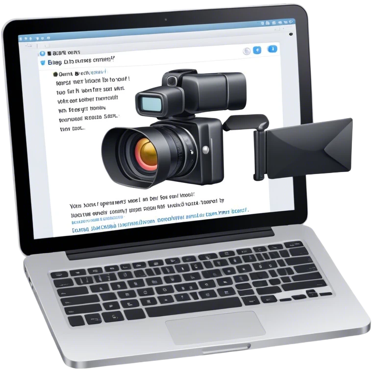 Create an emoji representing blogging. The design should feature an open laptop with a visible blog post on the screen, showing text. Add a photo or video camera to emphasize multimedia content. Do not include any emojis or smiley faces. Make the background transparent. emoji