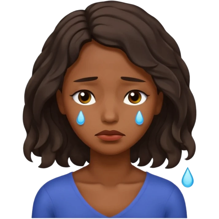 Sad face with tears,  dark brown skin color black women wavy hair shoulder length, eyes slightly closed emoji