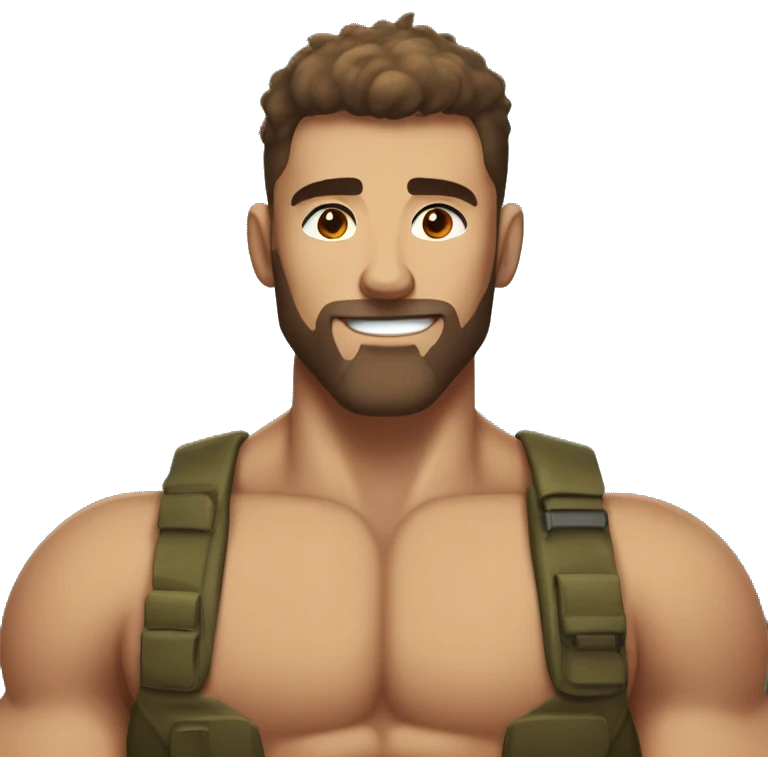 White skin, Shirtless, furry, brown hairy chest, Bodybuilder, biceps, military haircut emoji