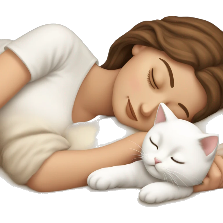 White girl brown hair sleeping with white kitty emoji
