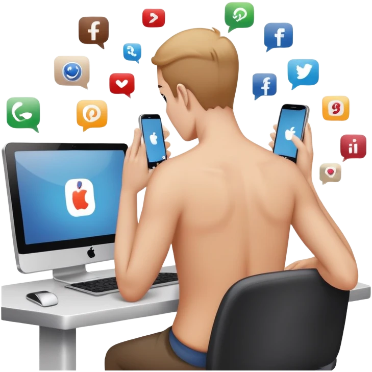Person viewed from behind in a desesperate pose making a multitasking social media activitys with cellpones, monitors and pc emoji