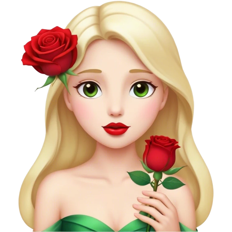 Cinematic Elegant Aurora Portrait Emoji, Delicately holding a single red rose, gazing with soft wonder, lips gently parted as if about to sing, the picture of grace and elegance, glowing with royal charm! emoji