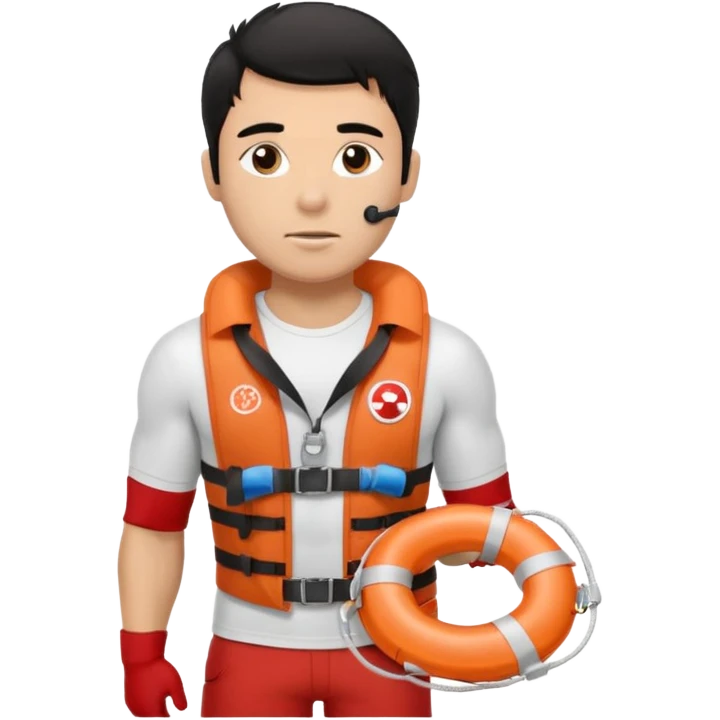 Dark Tan Muscular lifeguard with messy black hair with whistle and life preserver emoji