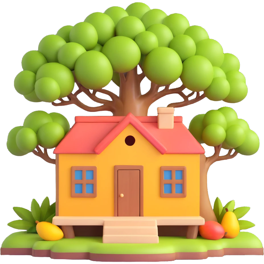 mango wood house from barrio with mango tree emoji