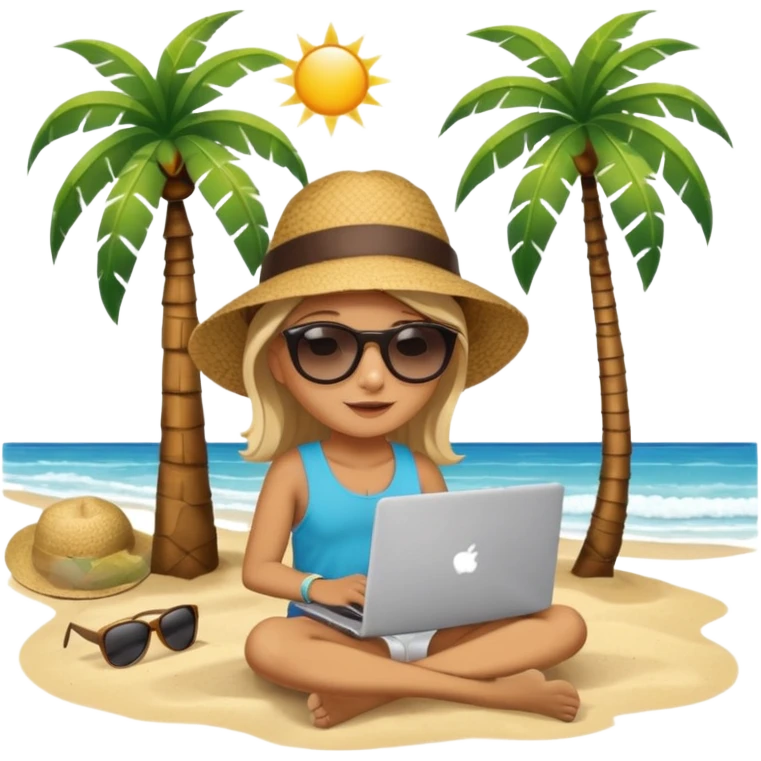 A gender-neutral emoji-style character (🧑‍💻) sitting with a laptop on the beach, next to a palm tree, with sun and ocean in the background. emoji