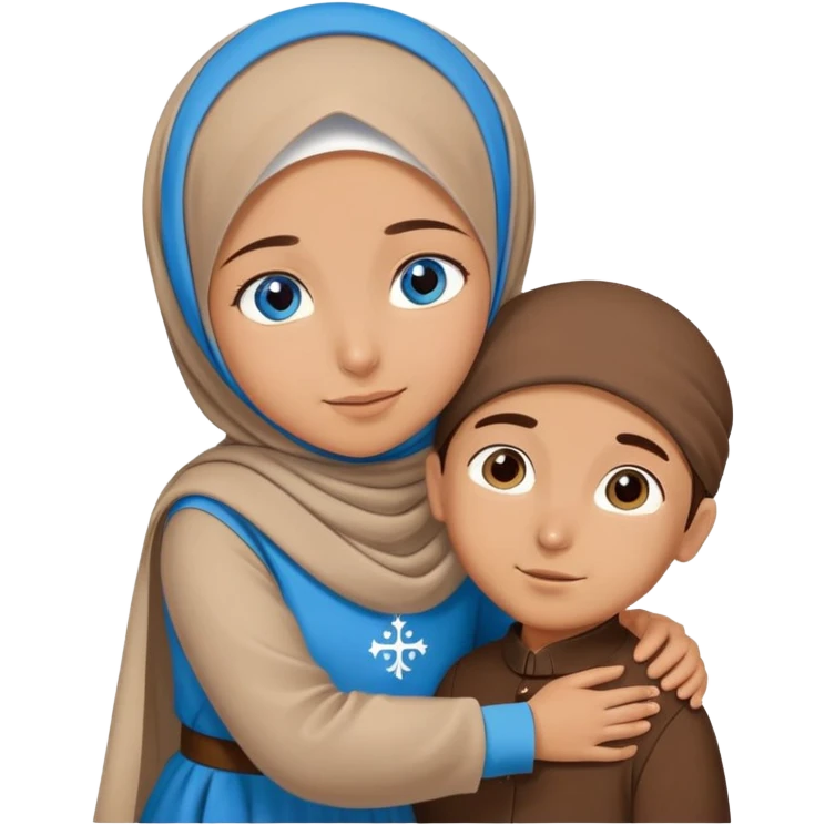 Turkish beautiful finish Konya girl blue eyes with brown beige hijab islamic dress and hugs with big boy brother  emoji