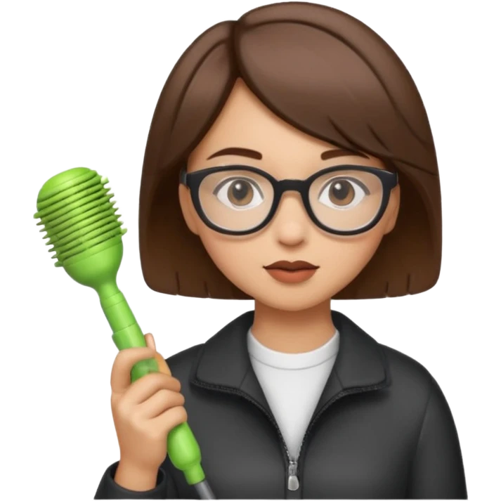 Girl lightskinned short brown hair with glasses a comb in one hand and a blower in the other  emoji