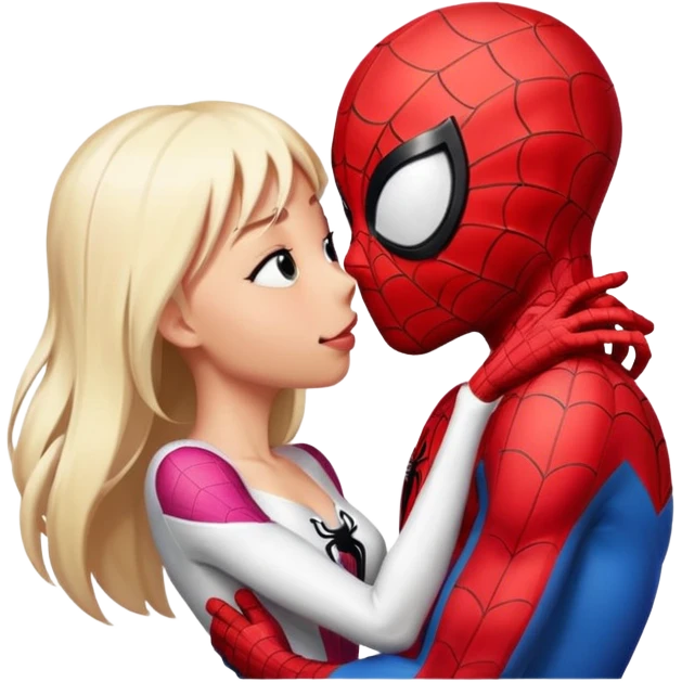 Spiderman and Spider-Gwen kissing, close-up, cute and expressive, emoji style emoji