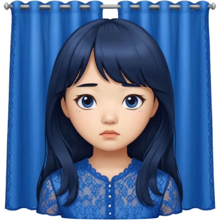 Long hair asian girl with curtain bangs with a blue lace top on with sad expression emoji
