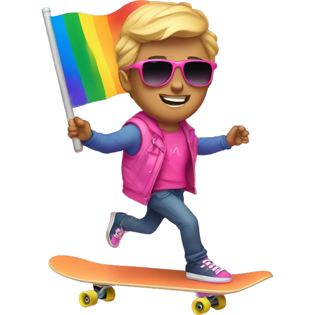 Gay Ryan Rivel with pride flag wearing pink with sunglasses on a skateboard emoji